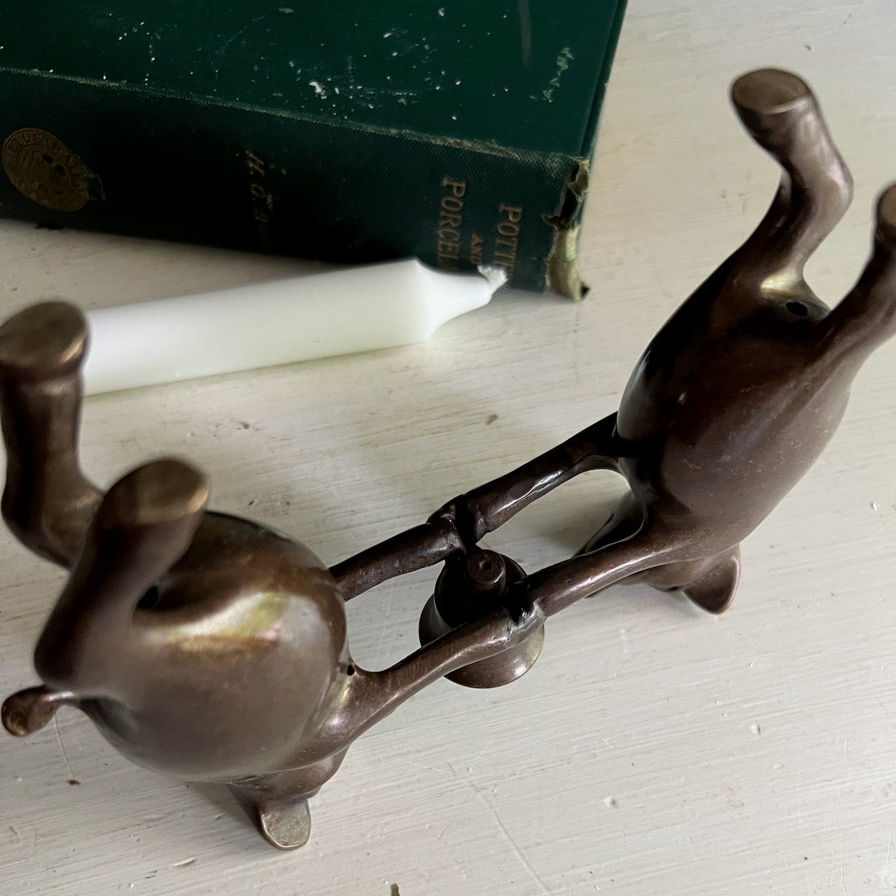 Whimsical Vintage Bronze Pigs Candle Holder