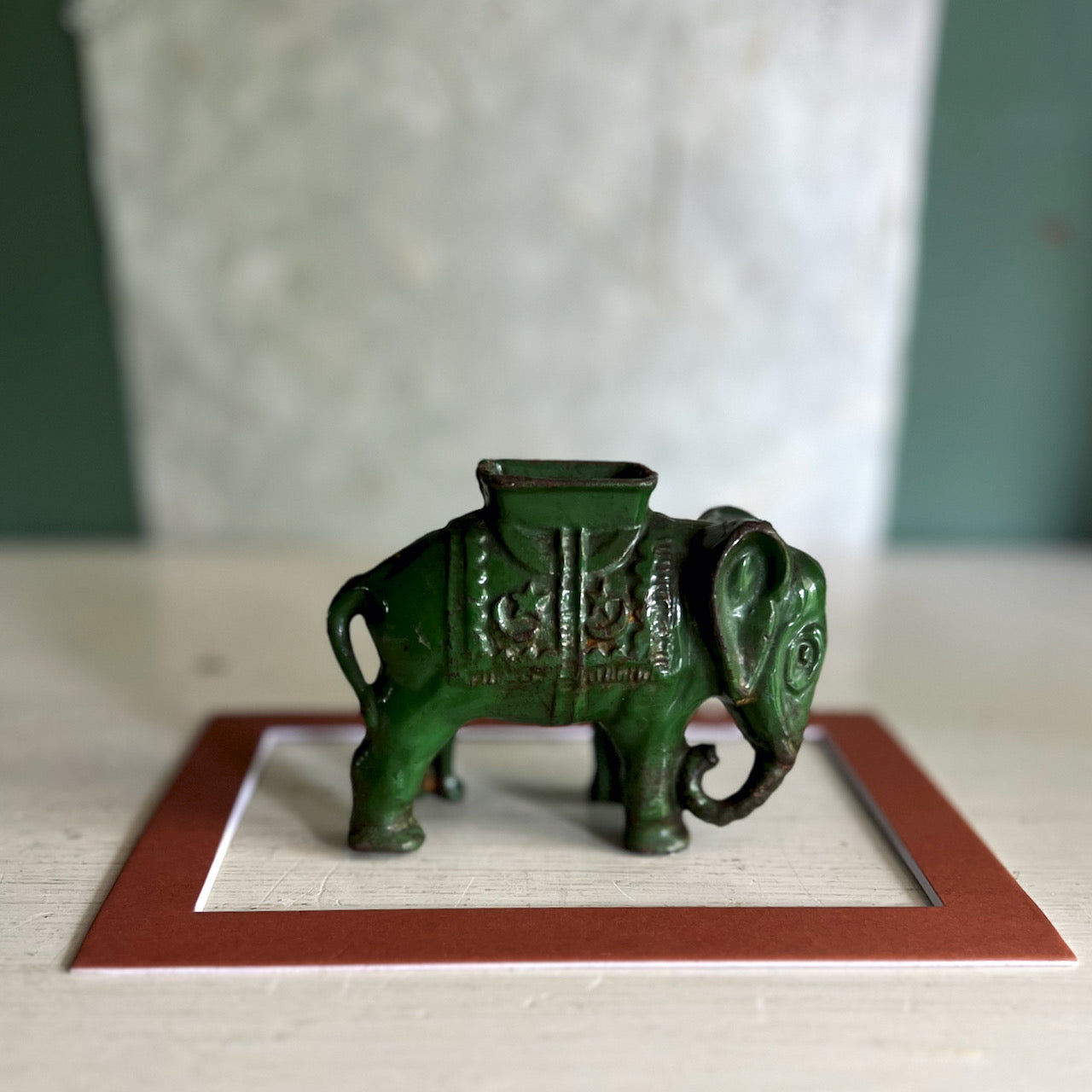 Old Green Cast Iron Elephant Coin Bank (c.1920s)