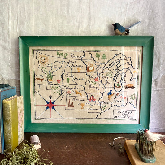 Antique Embroidered Map of the Middle West (c.1930s)