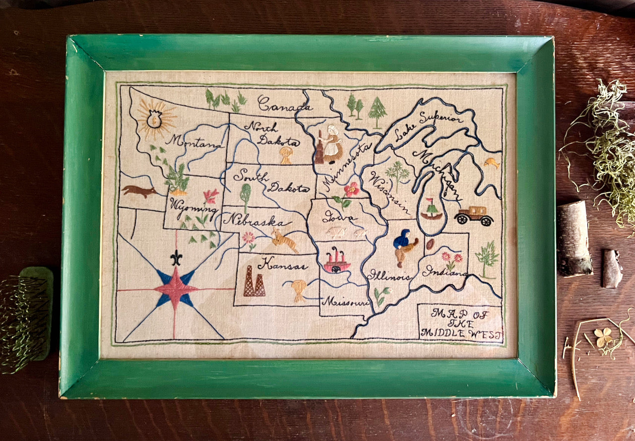 Antique Embroidered Map of the Middle West (c.1930s)