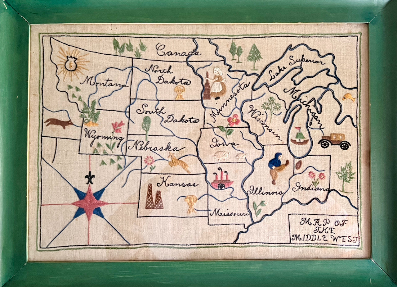 Antique Embroidered Map of the Middle West (c.1930s)