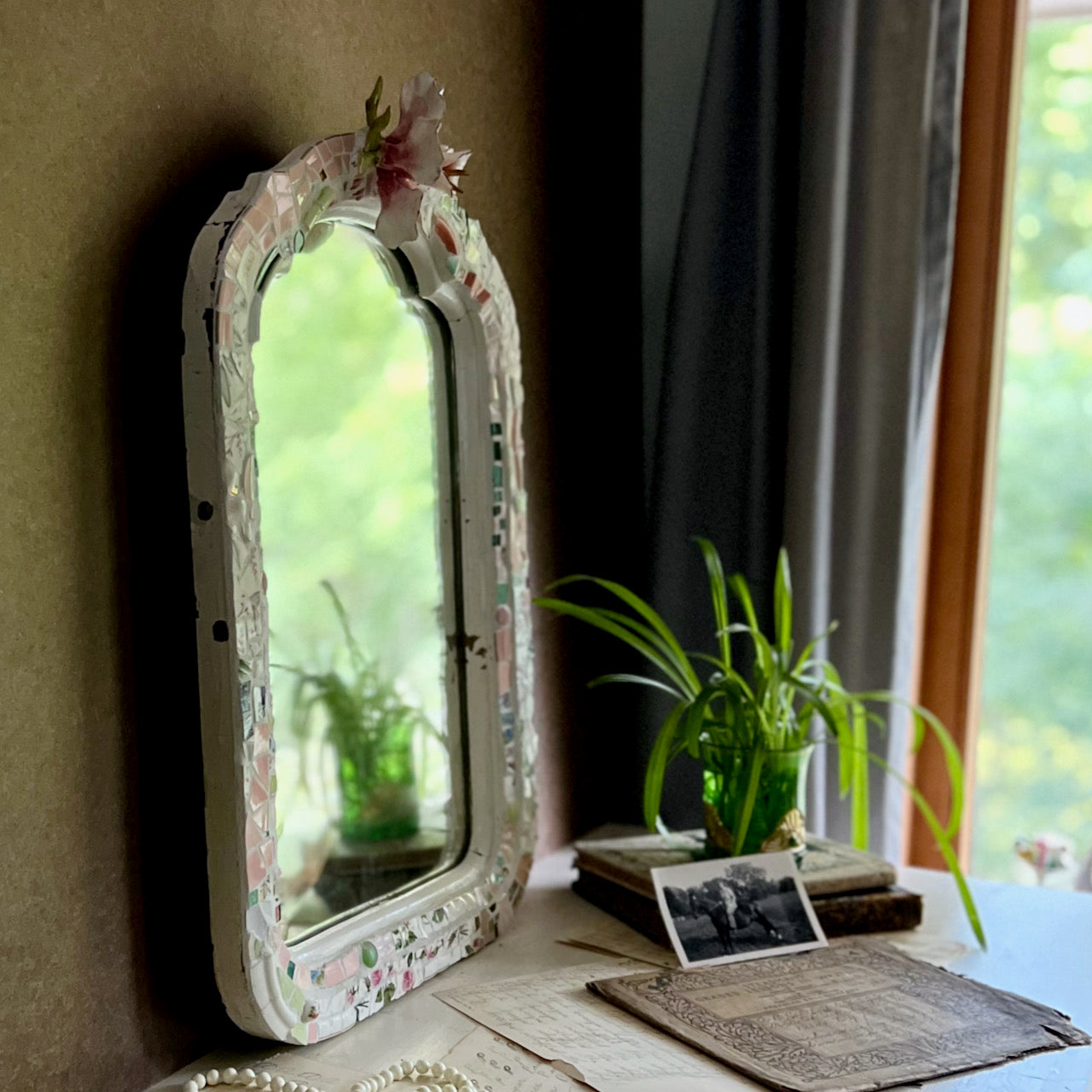 Pink Floral Mosaic on Antique Mirror