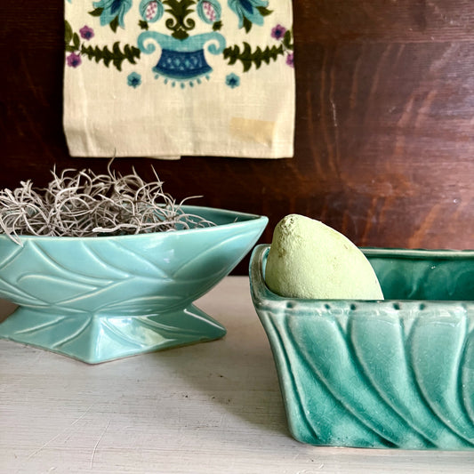 Mid Century Green Pottery Planters and Linen Towel Set
