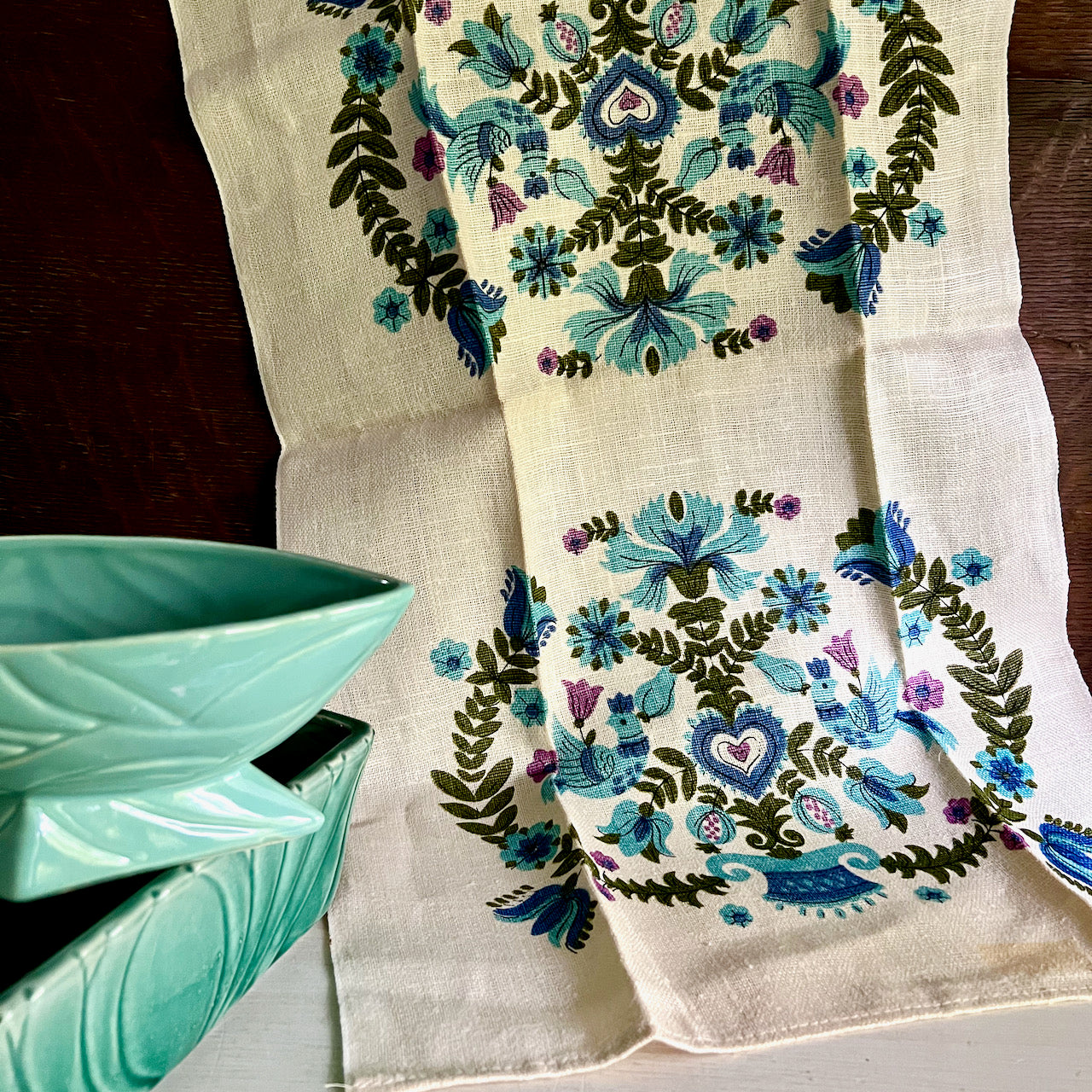 Mid Century Green Pottery Planters and Linen Towel Set