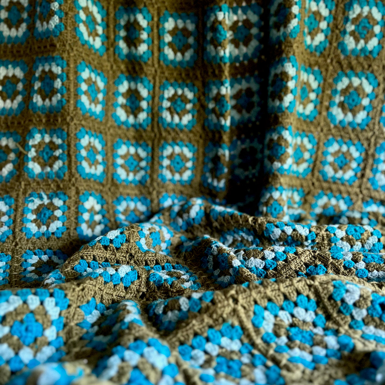 Old Teal and Avocado Granny Square Afghan