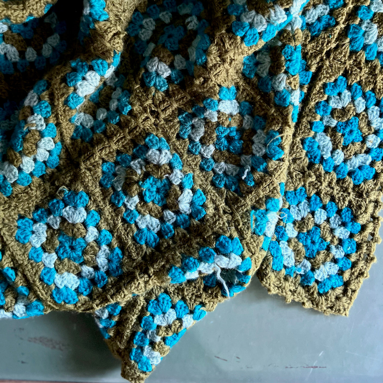 Vintage crocheted Granny Square afghan, store blues and gray EUC