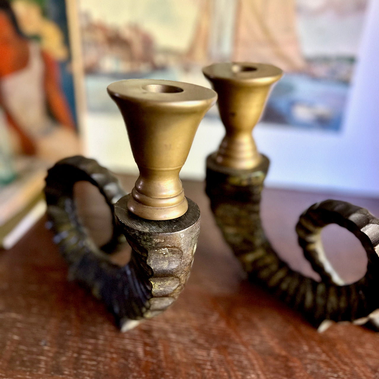Vintage Brass Rams Horn Candle Holders (c.1970s)