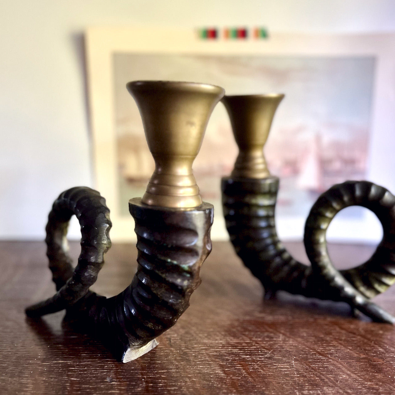 Vintage Brass Rams Horn Candle Holders (c.1970s)