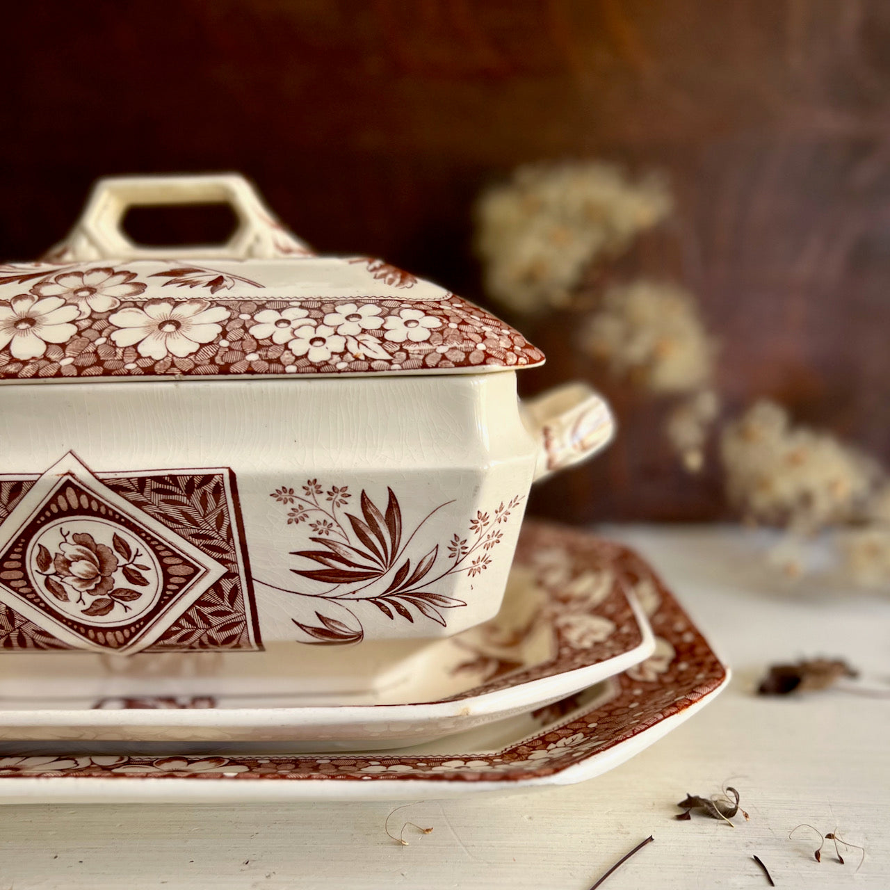 Henry Alcock Brown Transferware Platters & Soup Tureen (c.1880s)