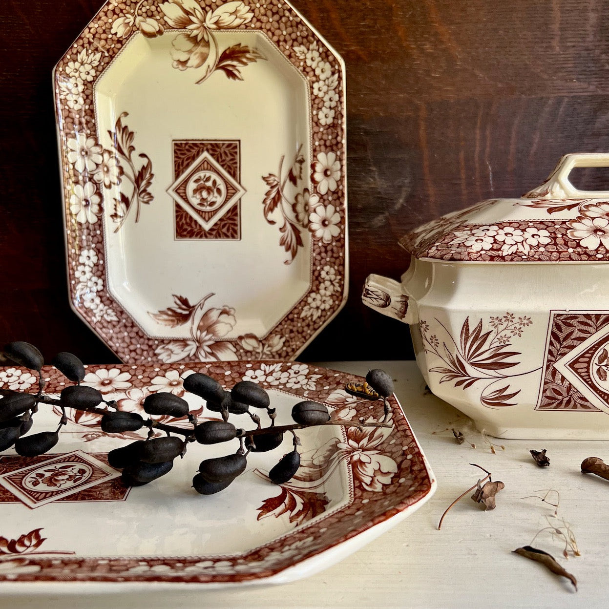 Henry Alcock Brown Transferware Platters & Soup Tureen (c.1880s)