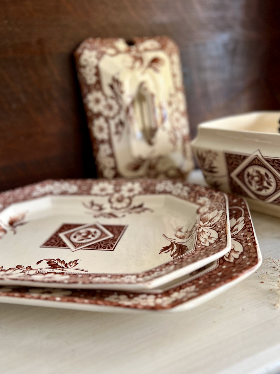 Henry Alcock Brown Transferware Platters & Soup Tureen (c.1880s)