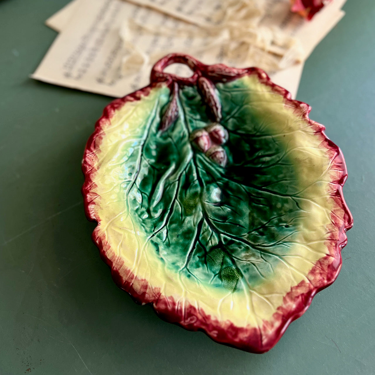 Majolica Leaf Dish with Acorns (c.19th C)