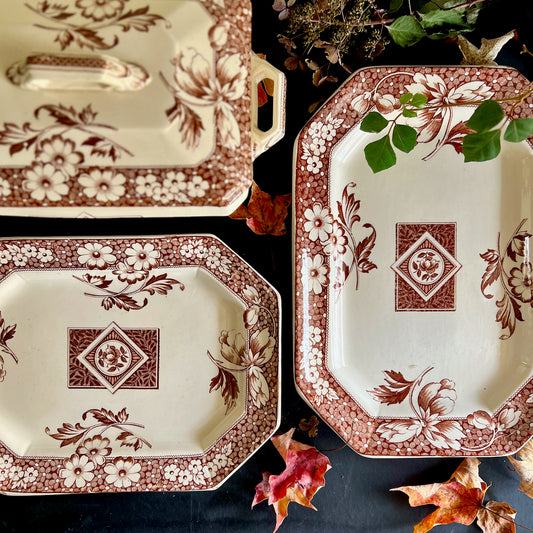 Henry Alcock Brown Transferware Platters & Soup Tureen (c.1880s)