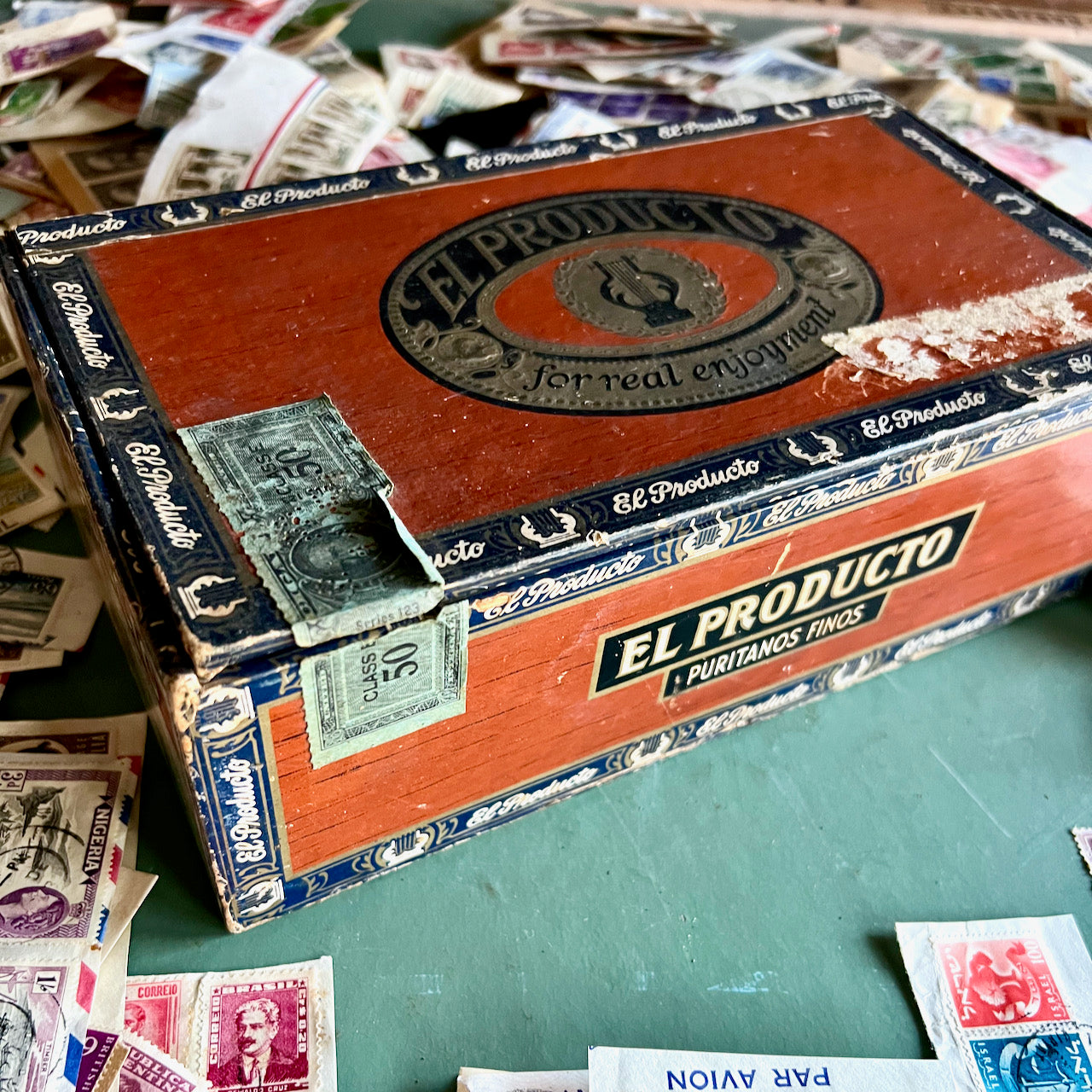 Hundreds of Old Stamps in Vintage Cigar Box