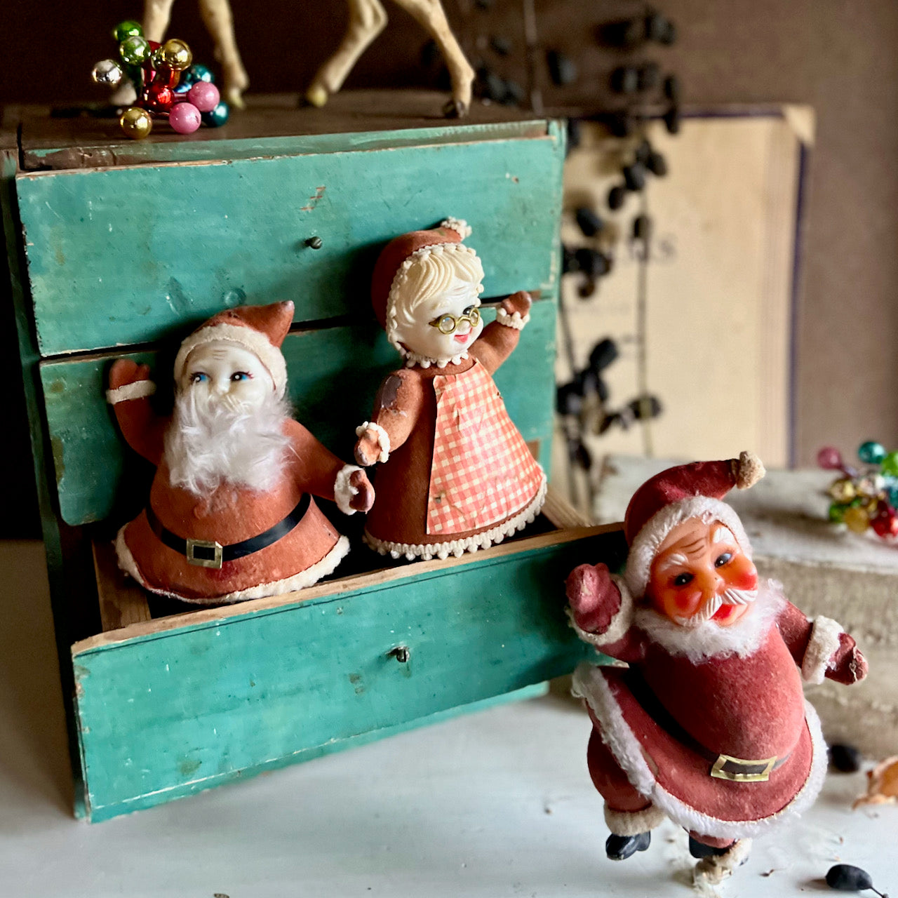 Weathered and Worn Flocked Santas and Mrs. Claus