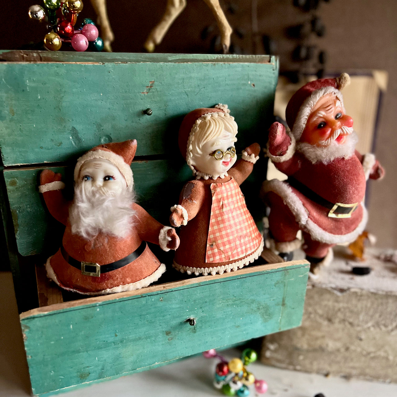 Weathered and Worn Flocked Santas and Mrs. Claus