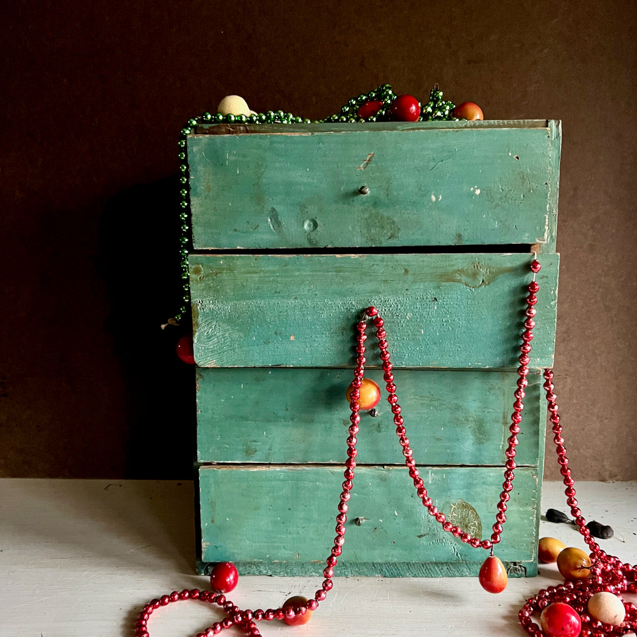 Teal Painted Primitive Four Drawer Cubby