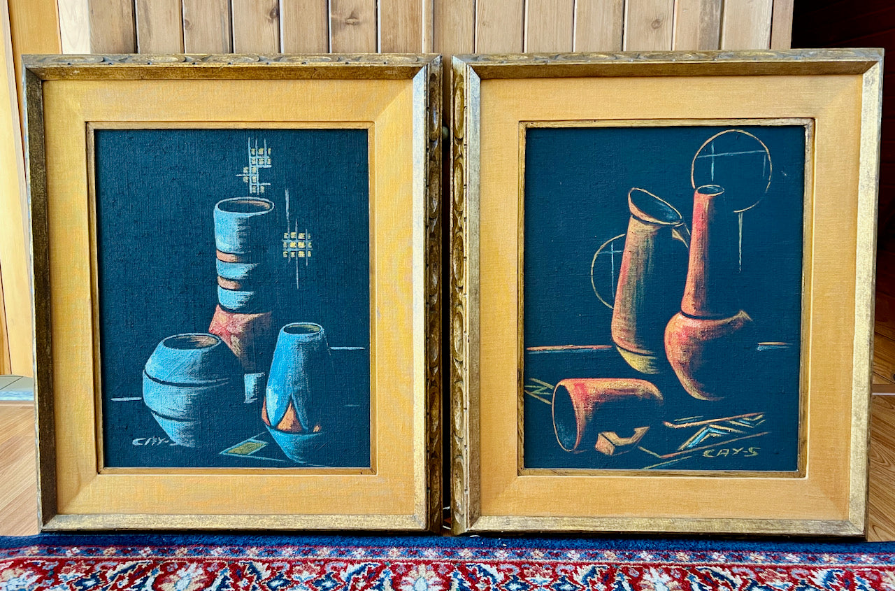 Pair of Cay-Skot Mid Century Vessel Still Life Oil Paintings