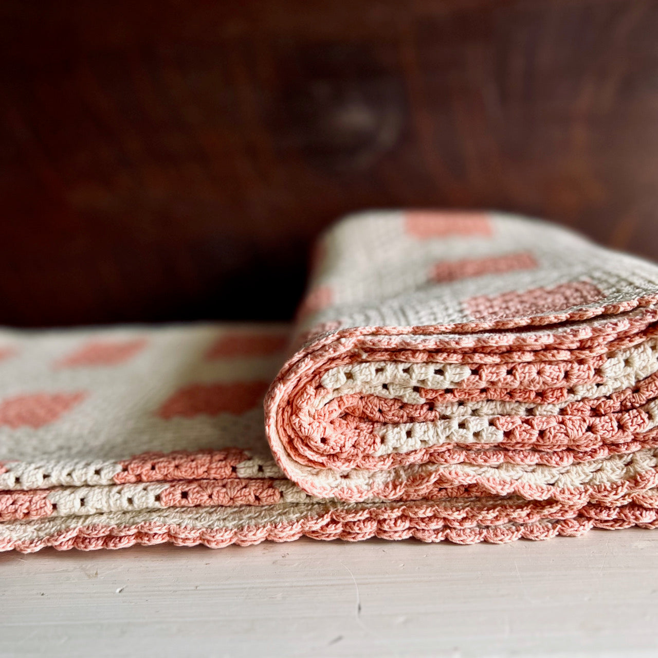 Splendid Old Crochet Pink and Cream Coverlet
