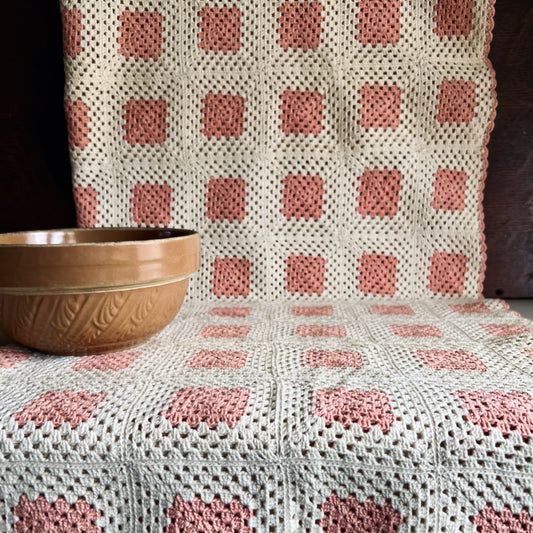 Splendid Old Crochet Pink and Cream Coverlet