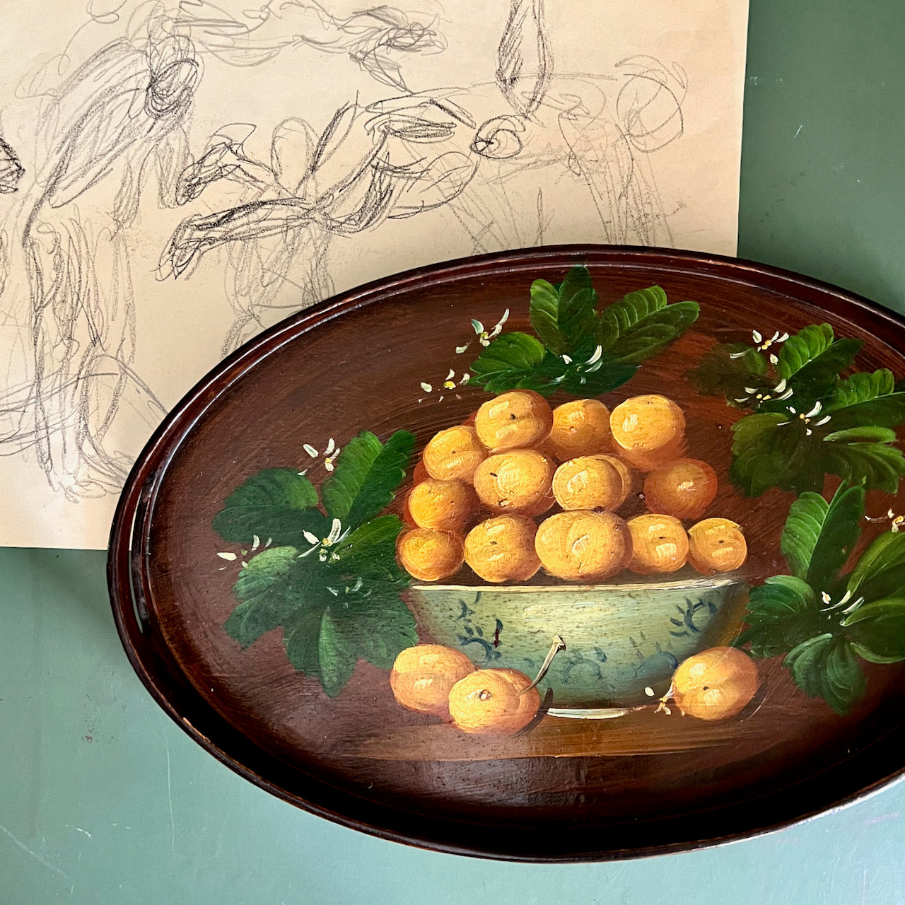 Vintage Bentwood Oval Tray with Painted Apricots