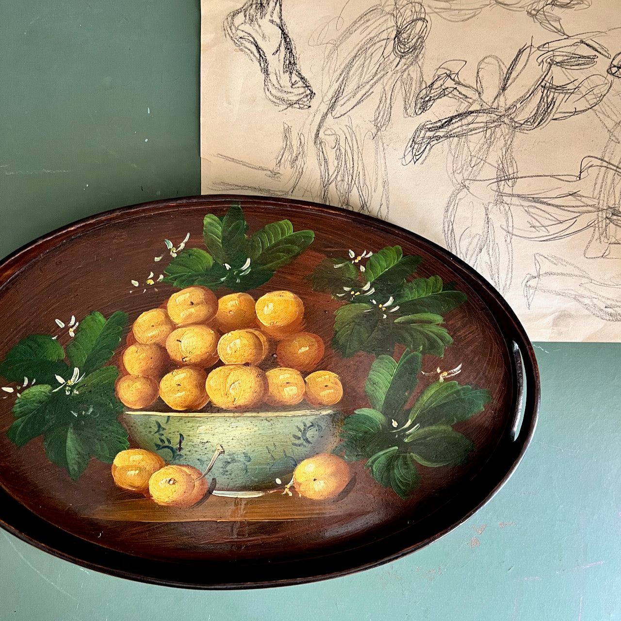 Vintage Bentwood Oval Tray with Painted Apricots