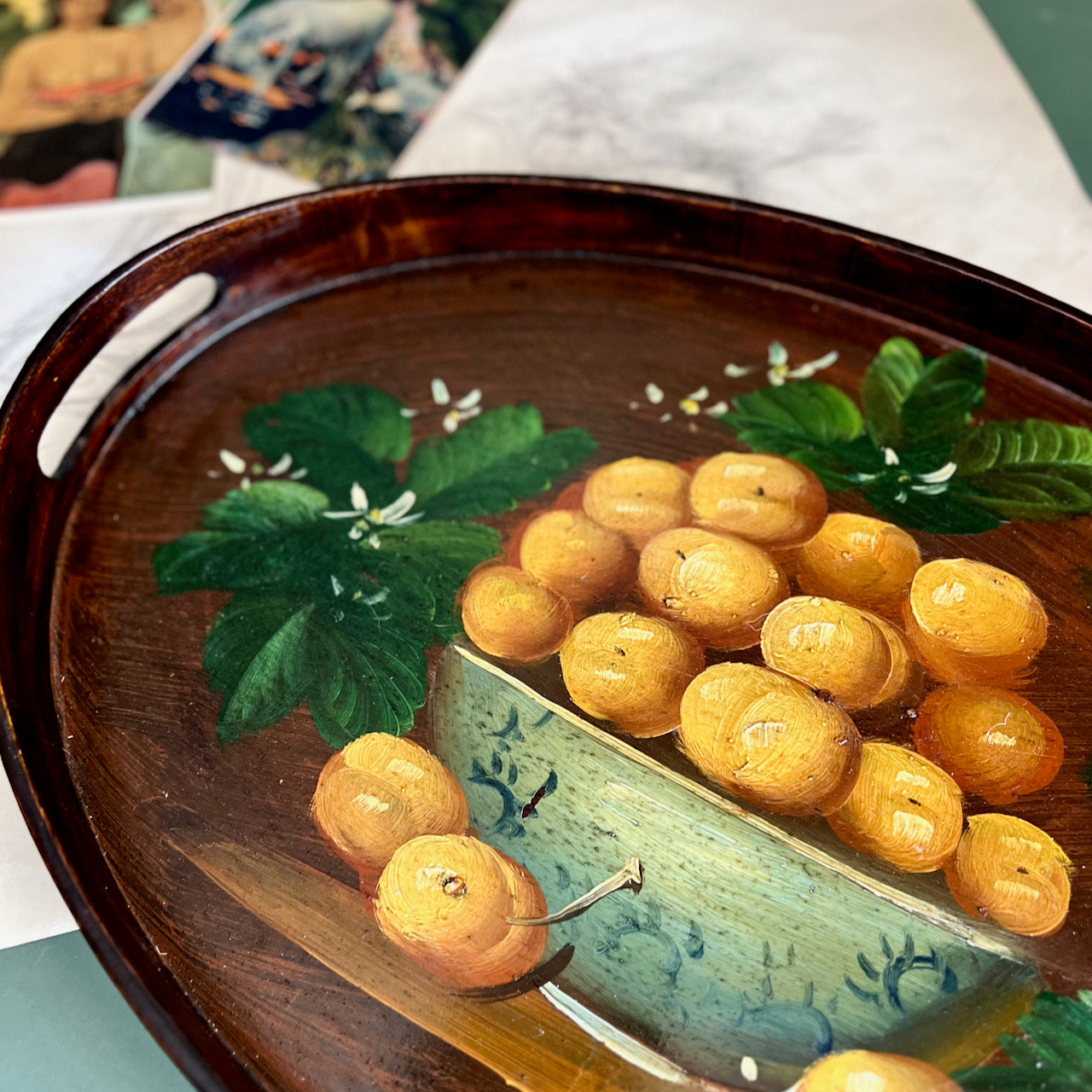 Vintage Bentwood Oval Tray with Painted Apricots