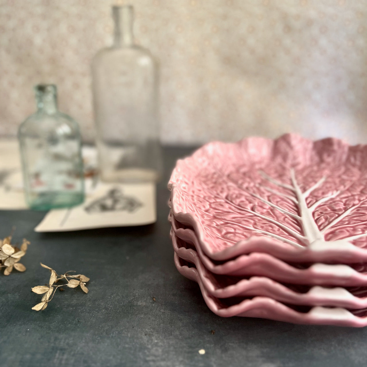 Vintage Bordallo Pinheiro Pink Cabbage Ware Salad Plates, Set of 4