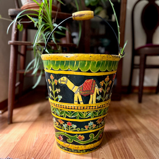 Folk Art Painted Wooden Bucket with Camel and Floral Motif