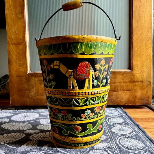 Folk Art Painted Wooden Bucket with Camel and Floral Motif