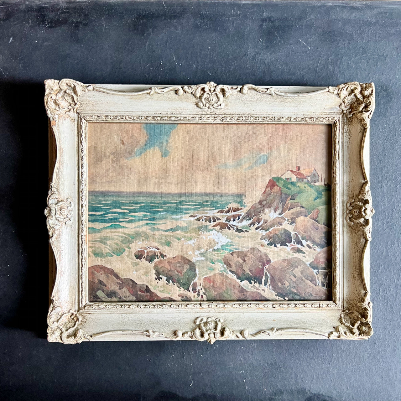 Old New England Coast Watercolor Painting in Ornate Frame