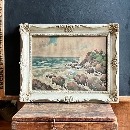 Old New England Coast Watercolor Painting in Ornate Frame