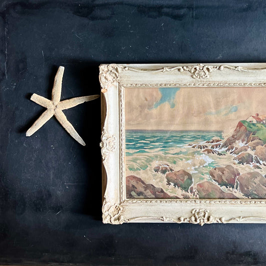 Old New England Coast Watercolor Painting in Ornate Frame