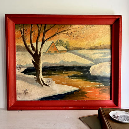 Rustic Winter Landscape Painting with Red Frame (c.1958)