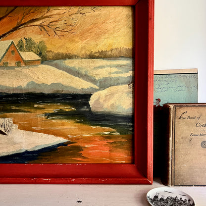 Rustic Winter Landscape Painting with Red Frame (c.1958)