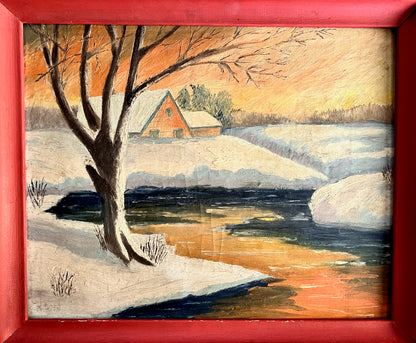 Rustic Winter Landscape Painting with Red Frame (c.1958)