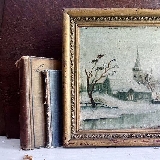 Rural Themed Antique Painting of Winter Landscape with Church