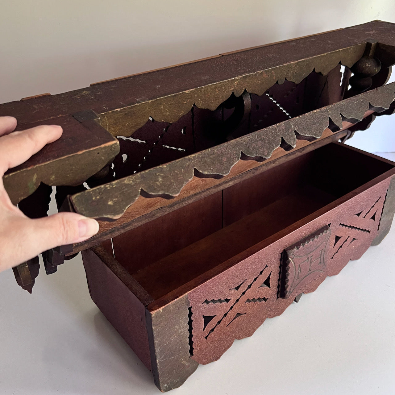 Early Bench Made Wooden Wall Shelf with Box (c.1800s)