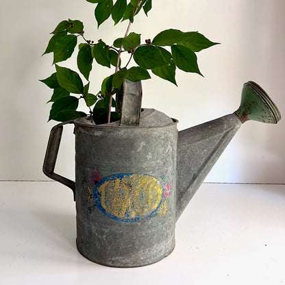 Vintage Metal Galvanized Watering Can with Sprinkler Spout and Label