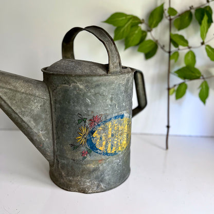 Vintage Metal Galvanized Watering Can with Sprinkler Spout and Label