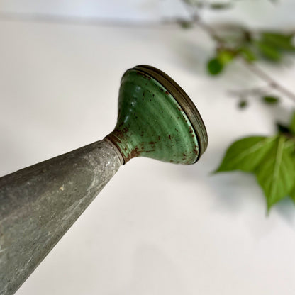 Vintage Metal Galvanized Watering Can with Sprinkler Spout and Label