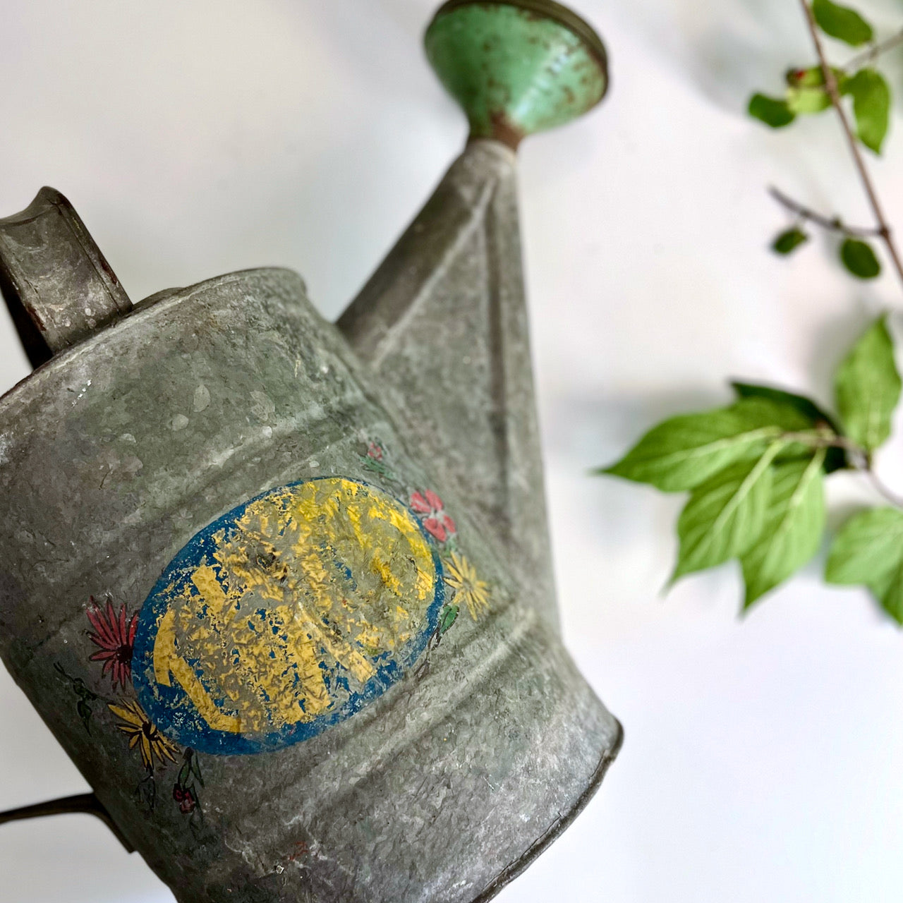 Vintage Metal Galvanized Watering Can with Sprinkler Spout and Label