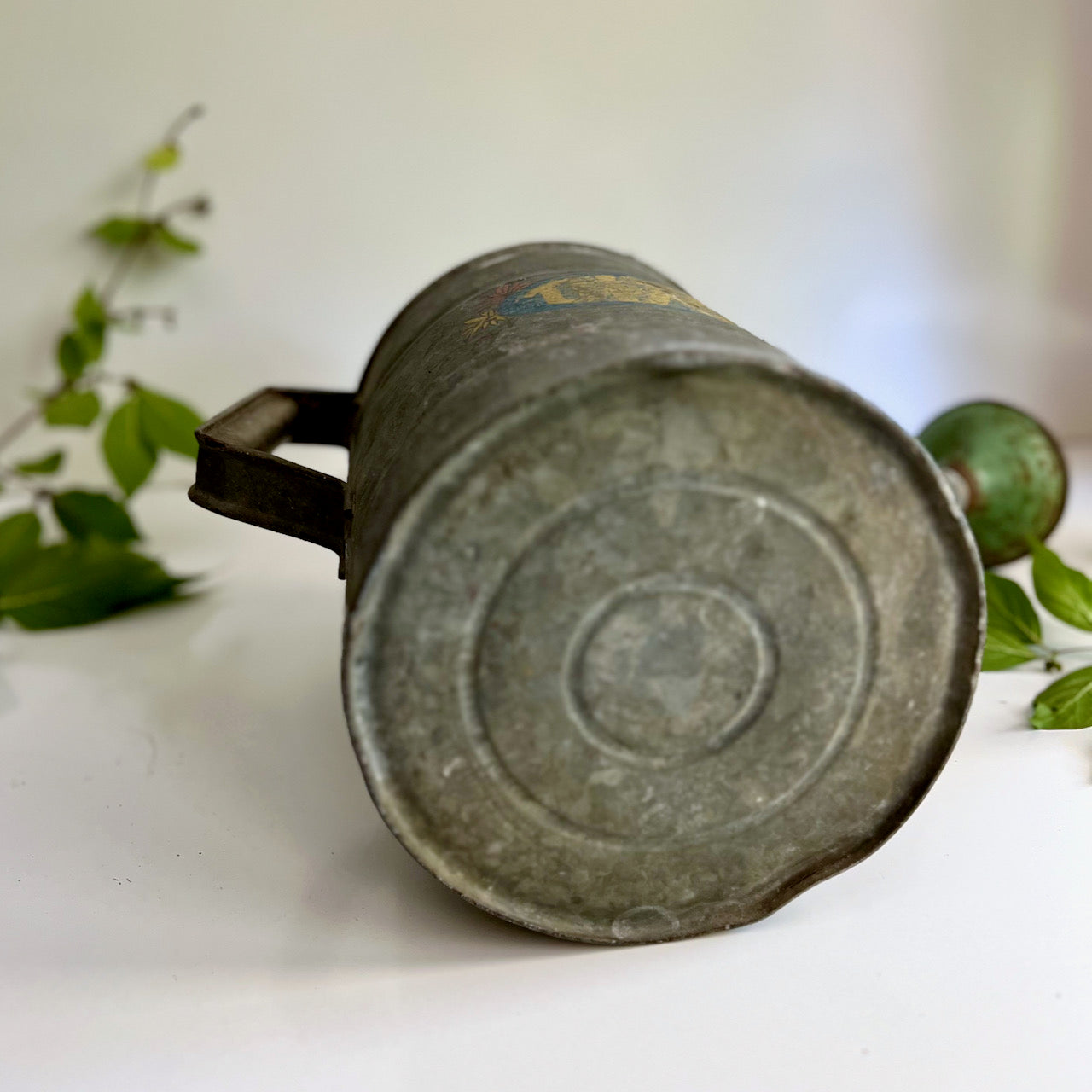 Vintage Metal Galvanized Watering Can with Sprinkler Spout and Label