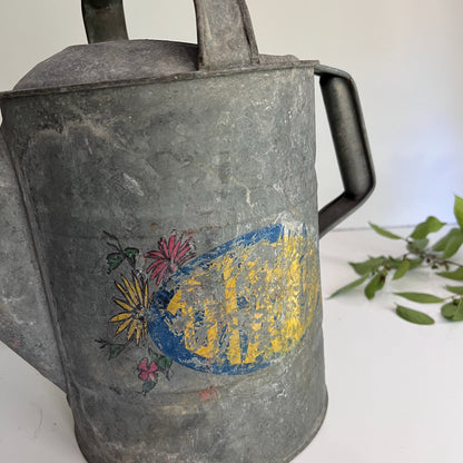 Vintage Metal Galvanized Watering Can with Sprinkler Spout and Label