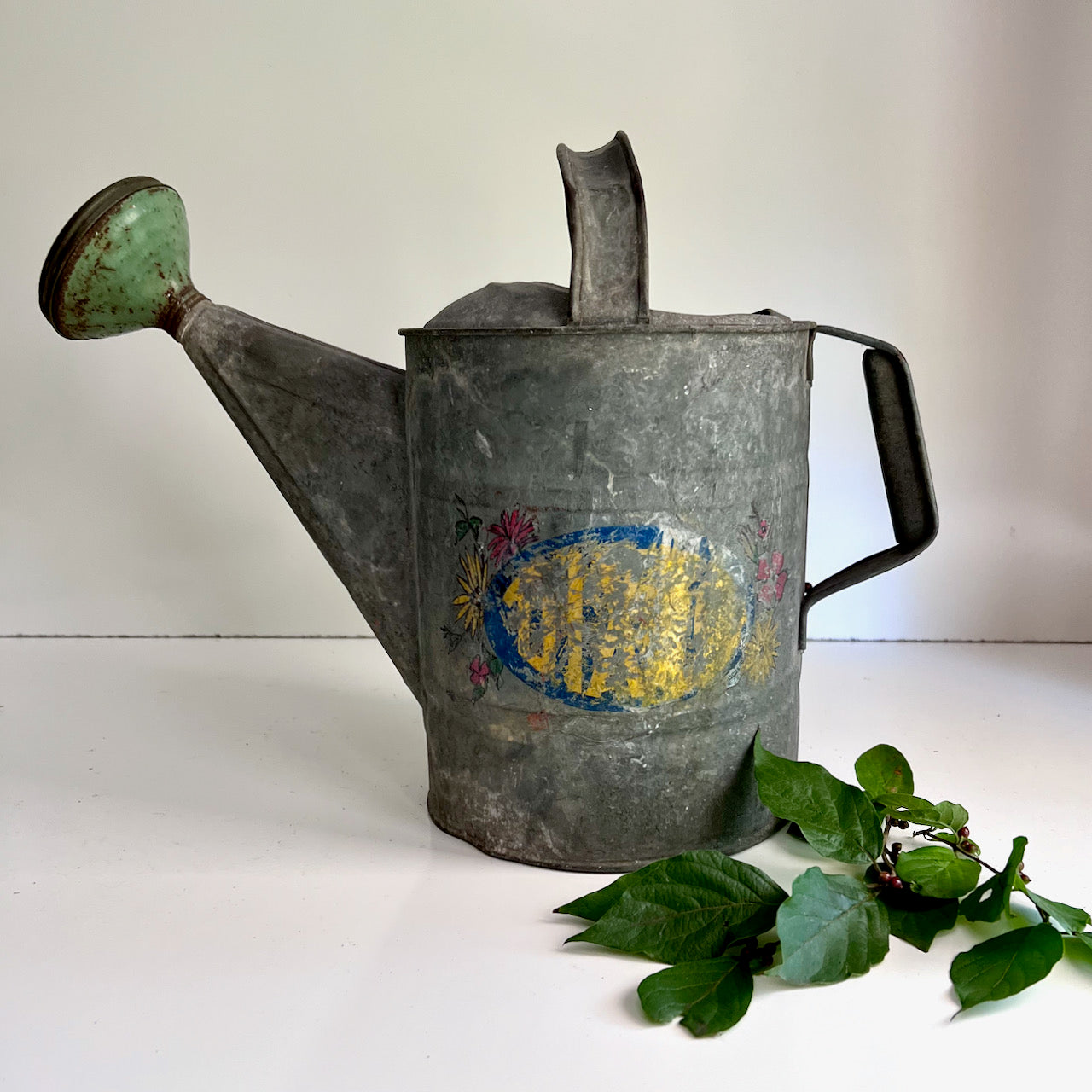 Vintage Metal Galvanized Watering Can with Sprinkler Spout and Label