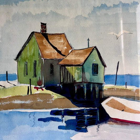 Lakeside Cottage and Boating Scene Watercolor Painting, c.1973