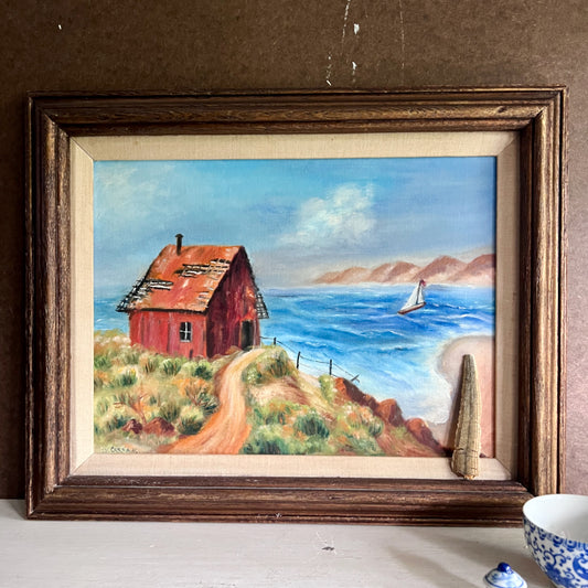 Framed Painting of Colorful Seaside Shanty and Sailboat