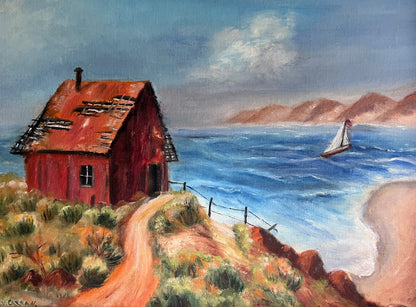 Framed Painting of Colorful Seaside Shanty and Sailboat