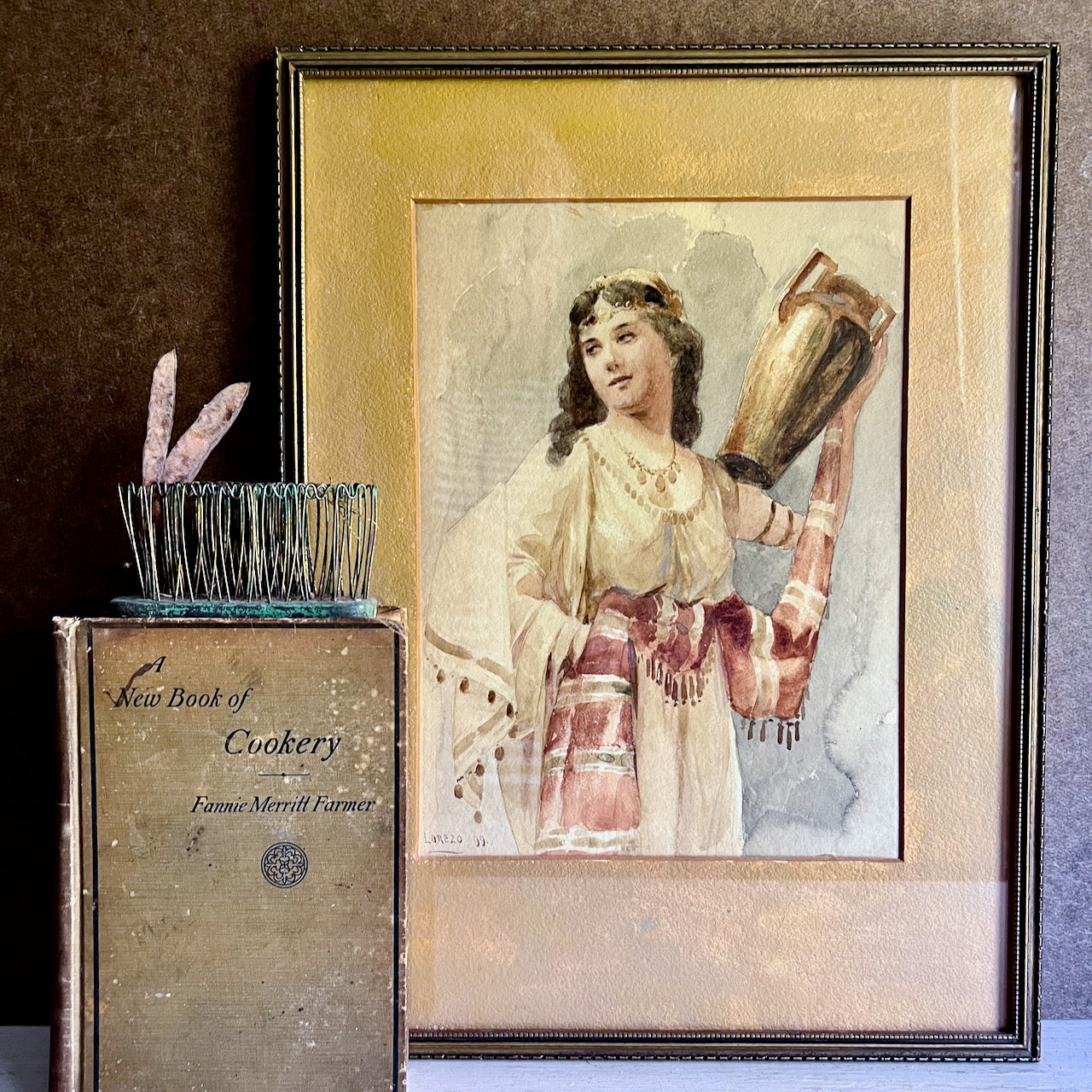 Signed Antique Italian Watercolor Painting of Woman with Jug