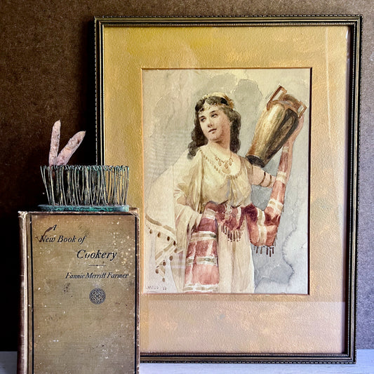 Signed Antique Italian Watercolor Painting of Woman with Jug